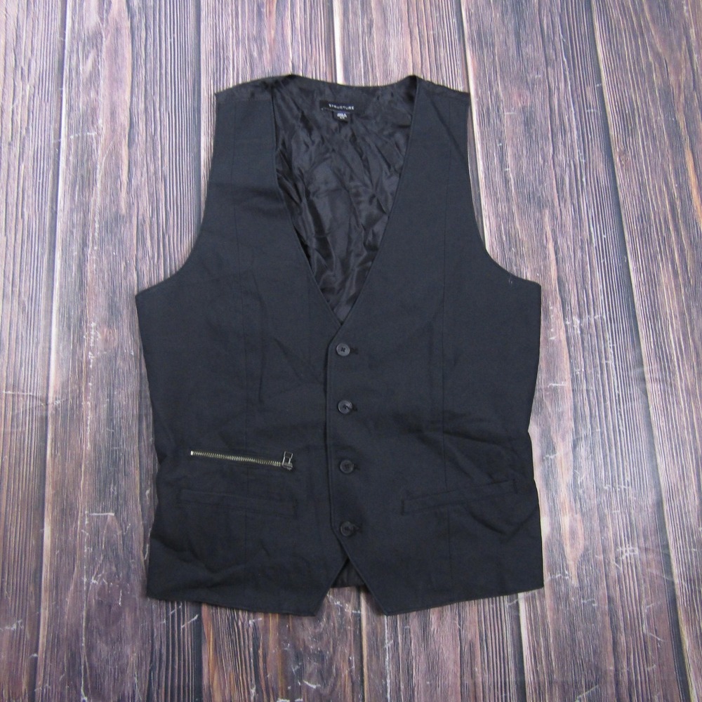 Suit‎ Vest Structure Mens M Black Solid Cotton Polyester 2 Piece Belted Formal
